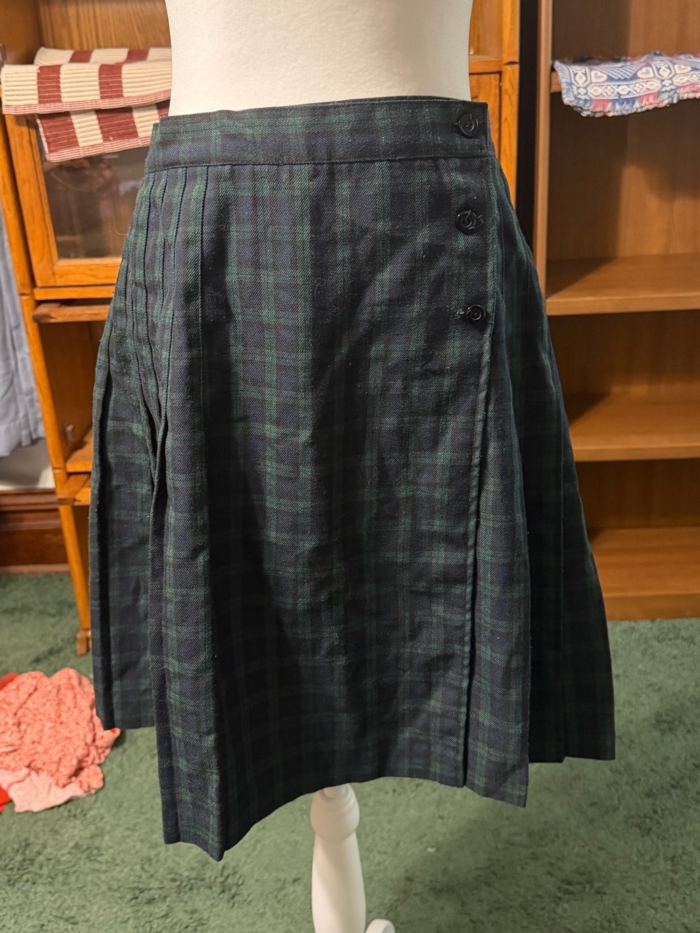Vintage Toby Plaid Pleated Wrap Skirt in Dark Green Tartan